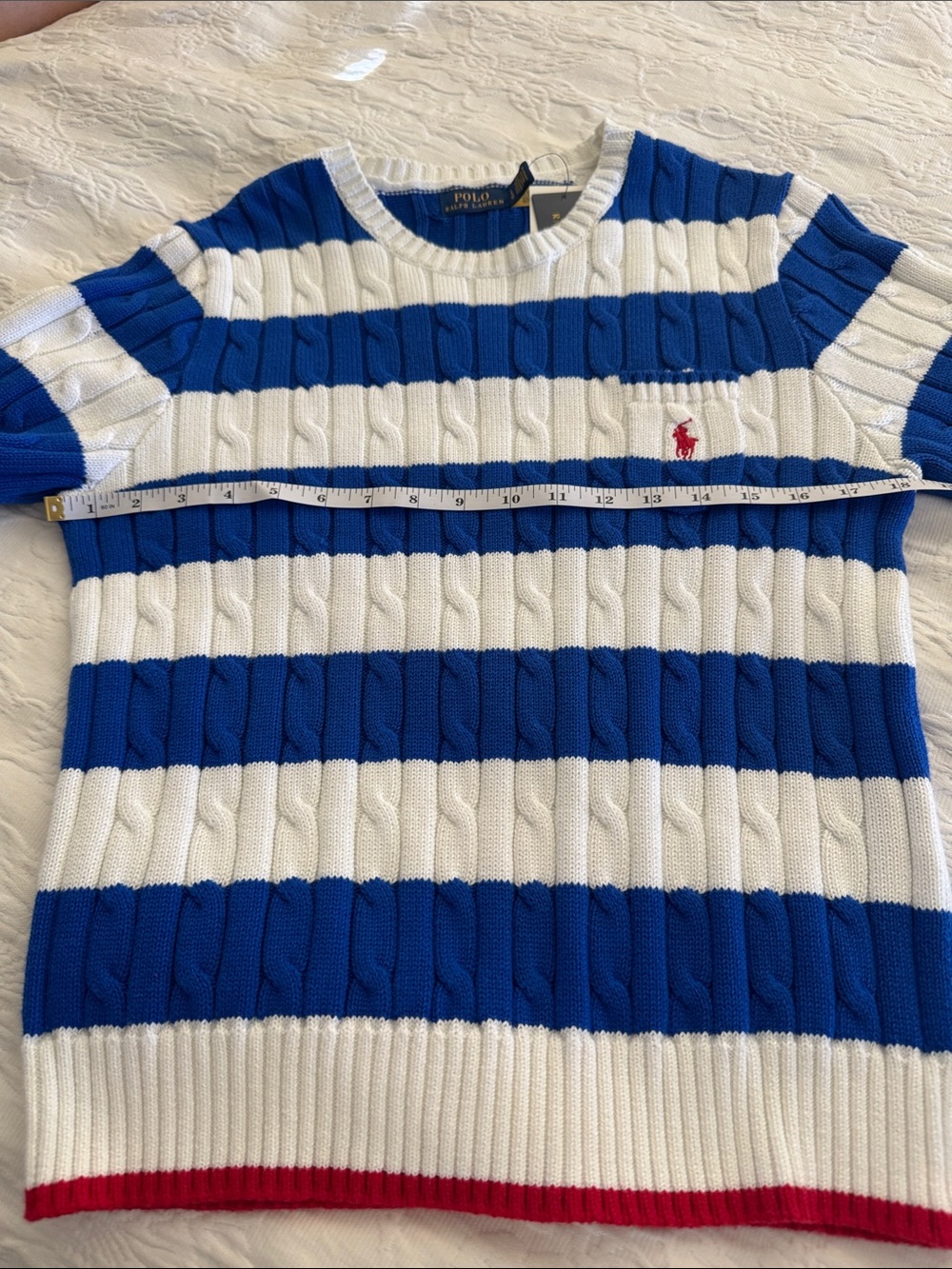 Polo by Ralph Lauren Blue, White & Red Striped Cable Knit Crewneck Sweater